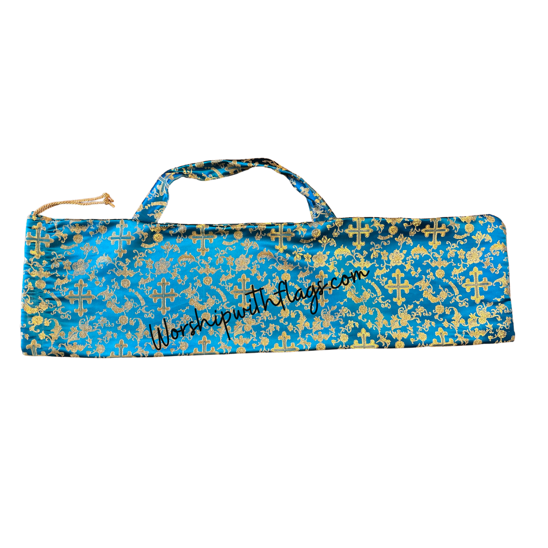 Brocade Turquoise Gold Cross Flag Bag for Worship Flags